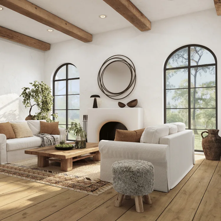 Living room with arched steel-look aluminum windows