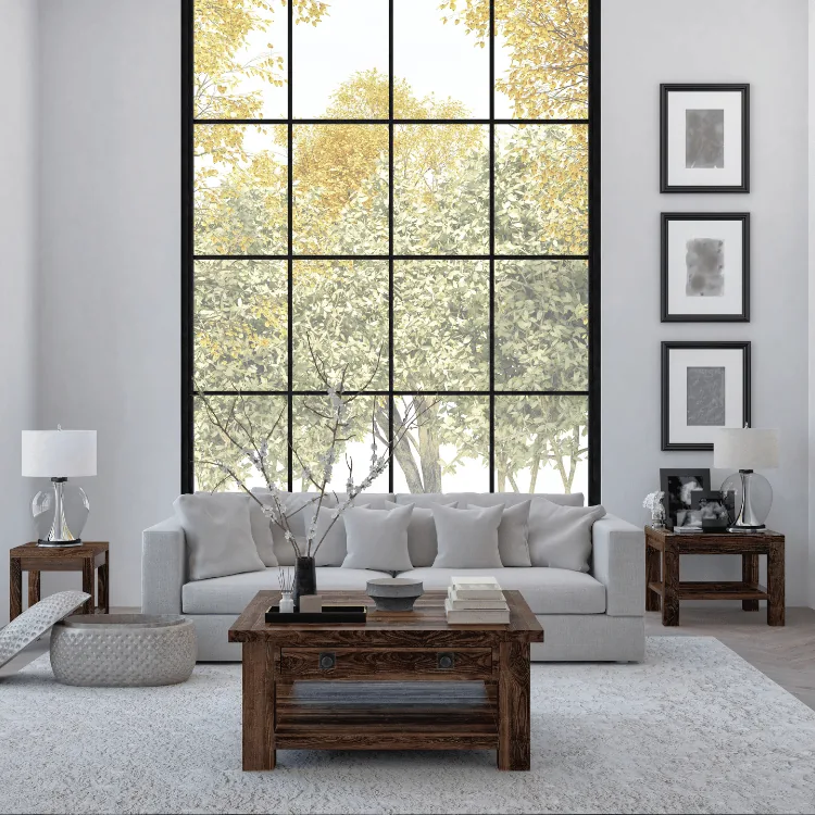 Double-height window wall with a modern grid pattern